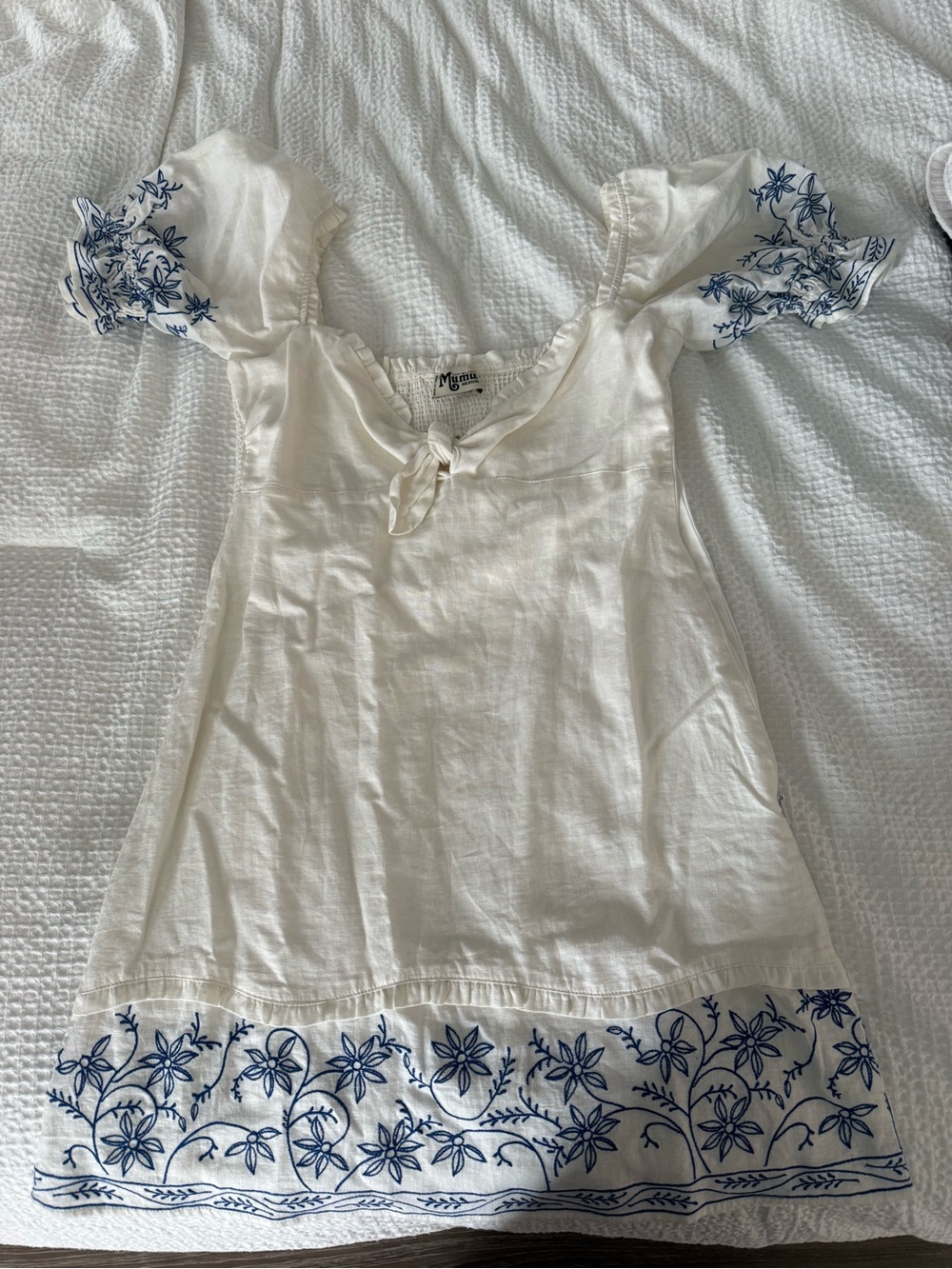 Show Me Your MuMu White Mini Dress with Blue Floral Embroidery